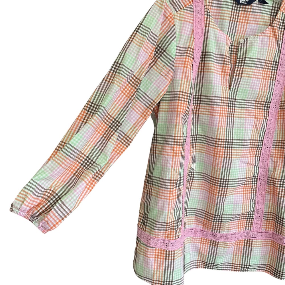 Lands End 1X‎ Plaid Tunic Top Long Sleeve Pink Lace Trim Button Keyhole Prairie - Picture 2 of 8